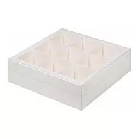 Коробка для десертов с пласт. крышкой, белая 9 яч., 240*240*70мм
