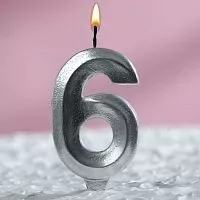 Свеча цифра "6", серебряный металлик